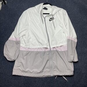 Nike Jacket Womens Large White Gray Pink Hooded Full Zip Windbreaker Athletic